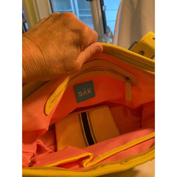 The Sak Lemon Yellow Purse / Handbag w/ Navy & Lime Accent Stripes 7 x 14 in. - Picture 7 of 8